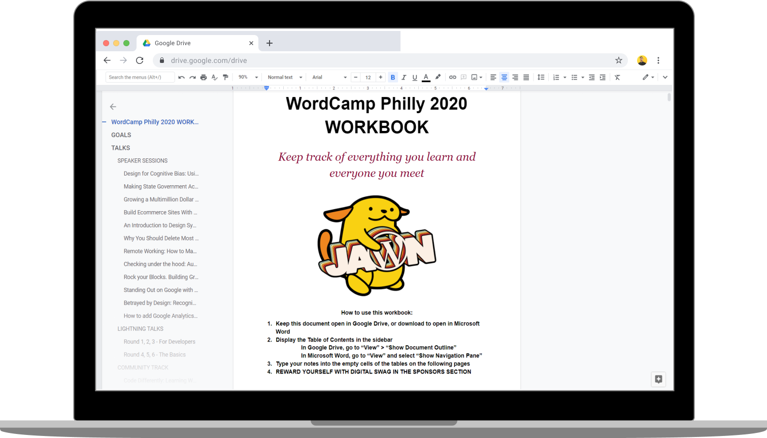 WordCamp Workbook in laptop